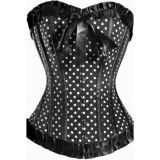 Black polka dot corset is decorated with black satin ruffle