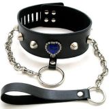 Modern black leather collar with a blue stone in the shape of a heart