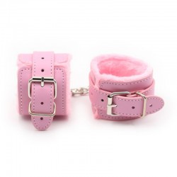 Розовые кожаные бондажные наручники с мехом