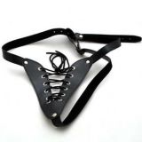 Womens Leather Black Fetish Drawstring Lace Up Thong Thong