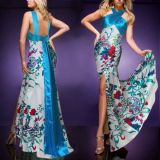 Evening elegant dress with blue print