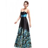 Long evening dress with peacock print and blue belt