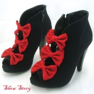 SALE! Black, fabric, trendy ankle boots with 3 festive red bow. Артикул: IXI16099
