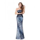 Evening long dress in blue with leopard print