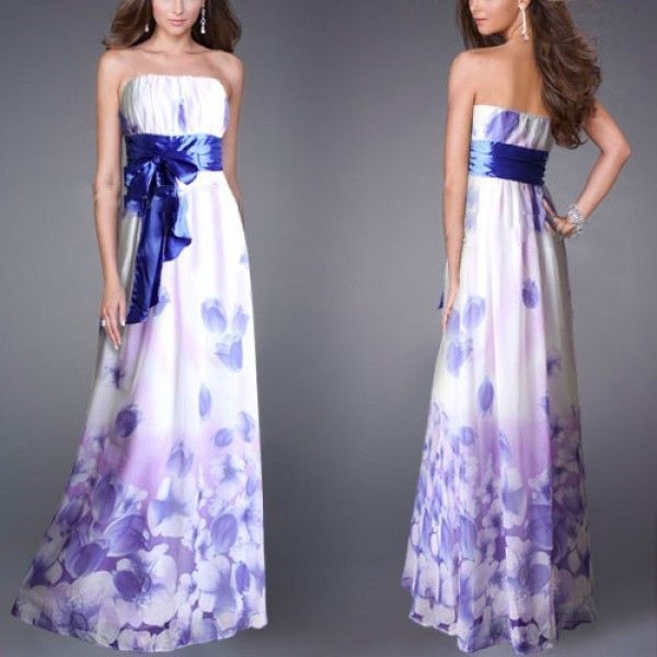 Strapless dress with blue bow at the belt. Артикул: IXI23705