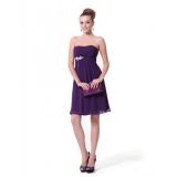 Purple dress to the knee with a silver brooch strapless