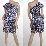 Multi-colored one-shoulder dress with ruffles