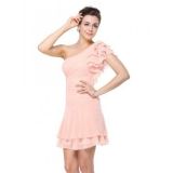 One-shoulder dress with ruffles in a delicate peach color