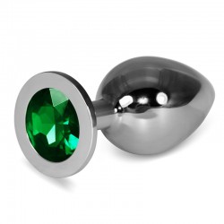 Butt Plug with Green Stone Rosebud Classic Metal Plug Large