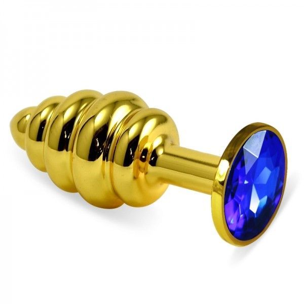 Ребристая золотистая анальная пробка с синим кристаллом Rosebud Spiral Metal Plug. Артикул: IXI40354