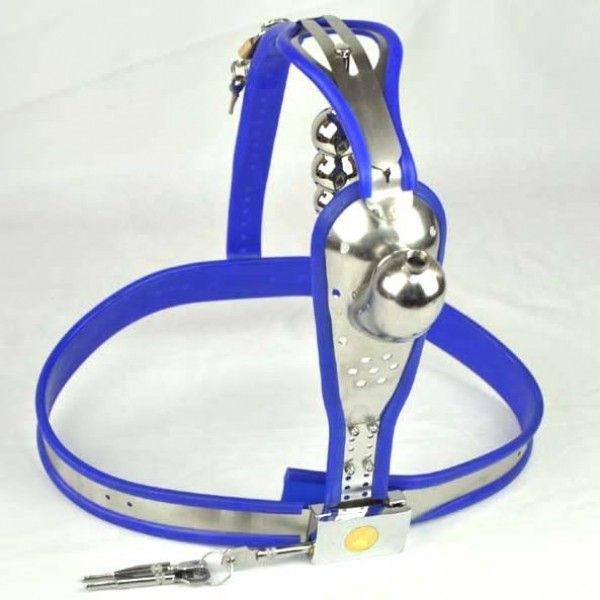 Male Fully Adjustable Model-T Stainless Steel Premium Chastity Device with Hole Cage Cover BLUE Plug. Артикул: IXI40562