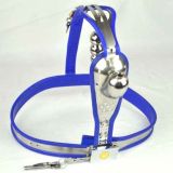 Male Fully Adjustable Model-T Stainless Steel Premium Chastity Device with hole Cage Cover BLUE Plug