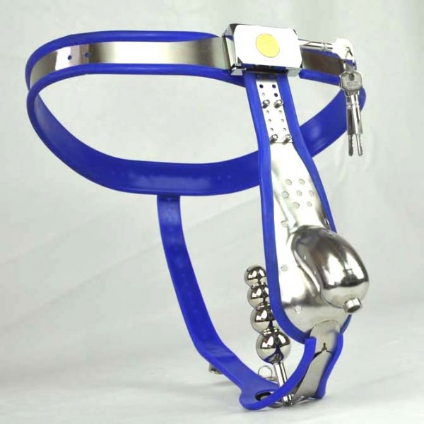 Male Fully Adjustable Model-T Stainless Steel Premium Chastity Device with Hole Cage Cover BLUE Plug. Артикул: IXI40562