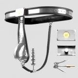 Male Fully Adjustable Model-T Stainless Steel Chastity Belt with Hole Cage Cover and Chain and Plug