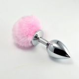 Large metal plug with pink fluff Pompon Metal Plug Large Silver