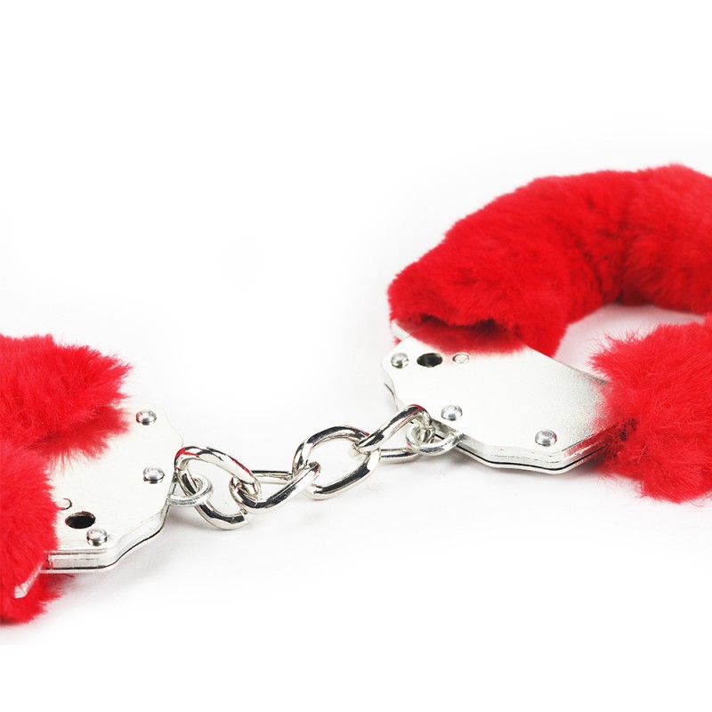 Металлические красные наручники с мехом Fetish Pleasure Fluffy Handcuffs. Артикул: IXI48335