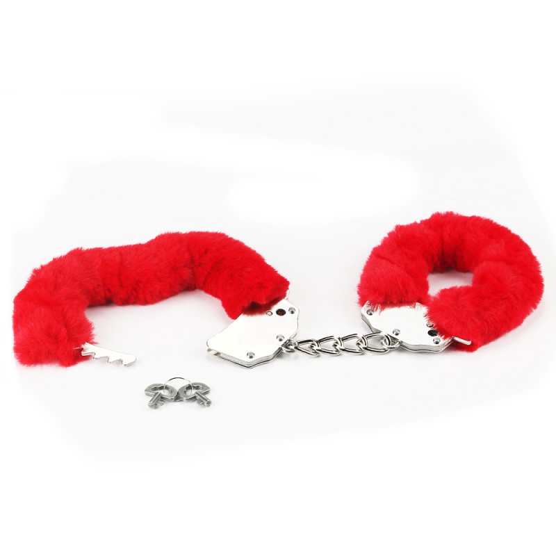 Металлические красные наручники с мехом Fetish Pleasure Fluffy Handcuffs. Артикул: IXI48335