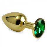 Smooth butt plug has a Golden color with green crystal size S gift wrapping