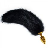 Golden Ribbed Anal Plug Long Black Tail Ribbed