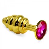 Ребристая золотистая анальная пробка с розовым кристаллом Rosebud Spiral Metal Plug по оптовой цене