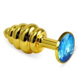 Ribbed Gold Butt Plug with Blue Crystal Rosebud Spiral Metal Plug