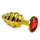 Ribbed Gold Butt Plug with Red Crystal Rosebud Spiral Metal Plug