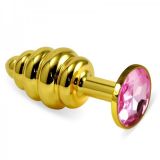 Ребристая золотистая анальная пробка с розовым кристаллом Rosebud Spiral Metal Plug