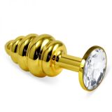 Ребристая золотистая анальная пробка с прозрачным кристаллом Rosebud Spiral Metal Plug