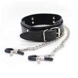 Black leather collar with nipple clamps Unisex