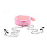 Pink collar with nipple clamps