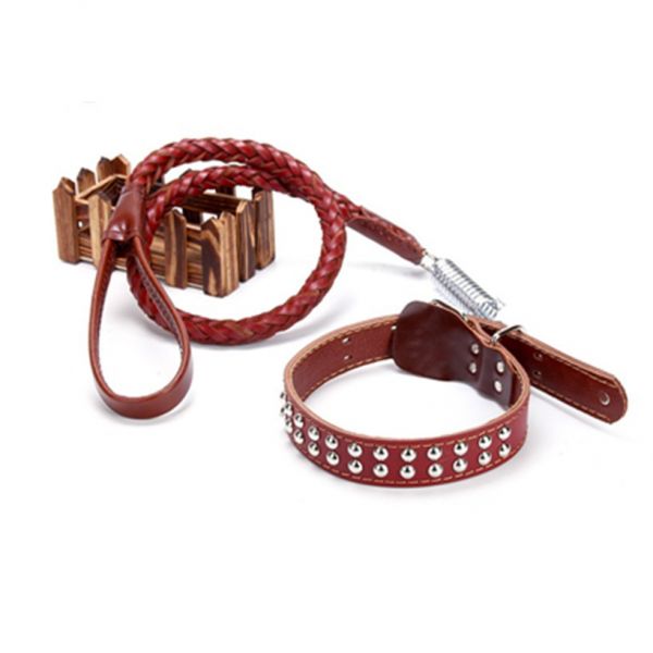 High quality leather collar with traction leather chain - red. Артикул: IXI52199