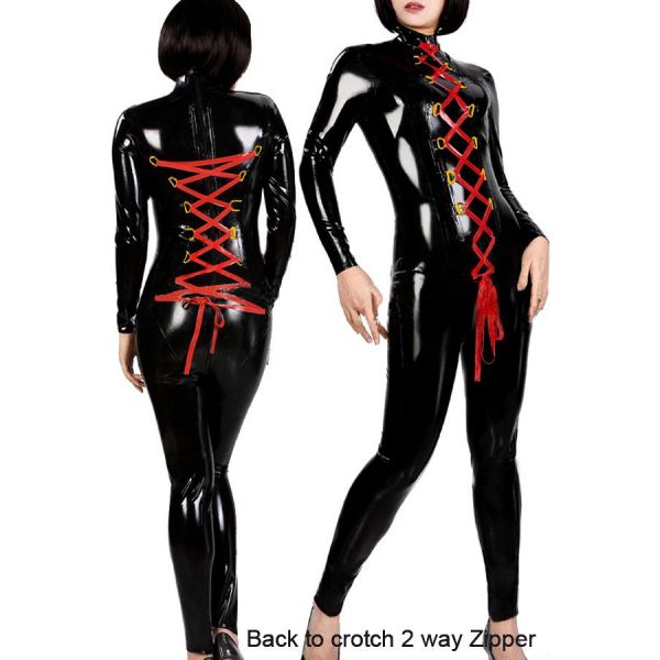 Black vinyl suit with a double red lace-up. Артикул: IXI54186