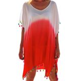 White Orange Tassel Beach Cover up   