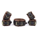 Leather 5 Pieces Restraints Set Hand Neck Foot Handcuffs Brown + Black