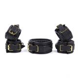 Leather 5 Pieces Restraints Set Hand Neck Foot Handcuffs Black   