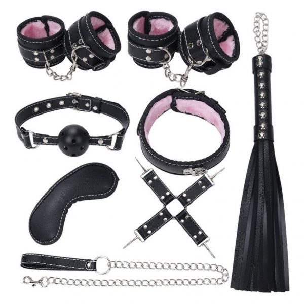 Комплект бдсм игрушек черный с розовым мехом Leather Plush Set ZR019