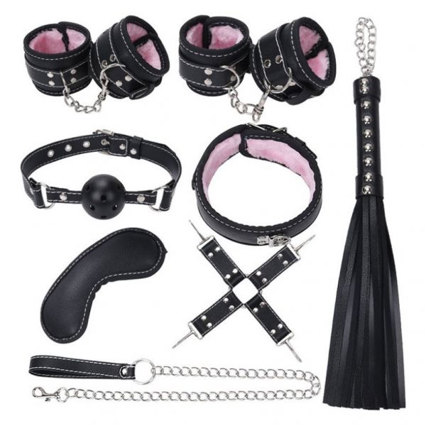 Комплект бдсм игрушек черный с розовым мехом Leather Plush Set ZR019. Артикул: IXI54997