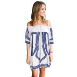 Off Shoulder White Geometric Print Dress