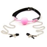 Nipple clamps with a pink silicone ball gag ball