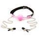 Nipple clamps with a pink silicone ball gag ball