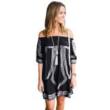 Black Bohemian Vibe Geometric Print Off The Shoulder Beach Dress