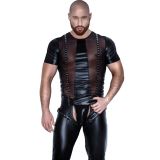 Sexy Wet Look Black Men Vinyl Tops Leather Mesh Patchwork