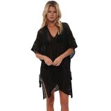 Black Crochet Knitted Tassel Tie Kimono Beachwear