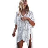 White Crochet Knitted Tassel Tie Kimono Beachwear   