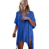 Cobalt Blue Crochet Knitted Tassel Tie Kimono Beachwear