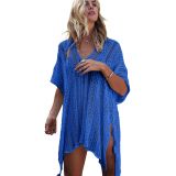 Cobalt Blue Crochet Knitted Tassel Tie Kimono Beachwear