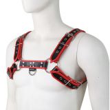 Mens leather body harness on the shoulders and chest