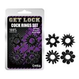 A set of black erection rings of different shapes Cock Rings Set