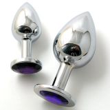 Metallic butt plug with purple stone, large