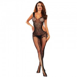 Black Pothole Cutout Swirl Lace Body Stocking